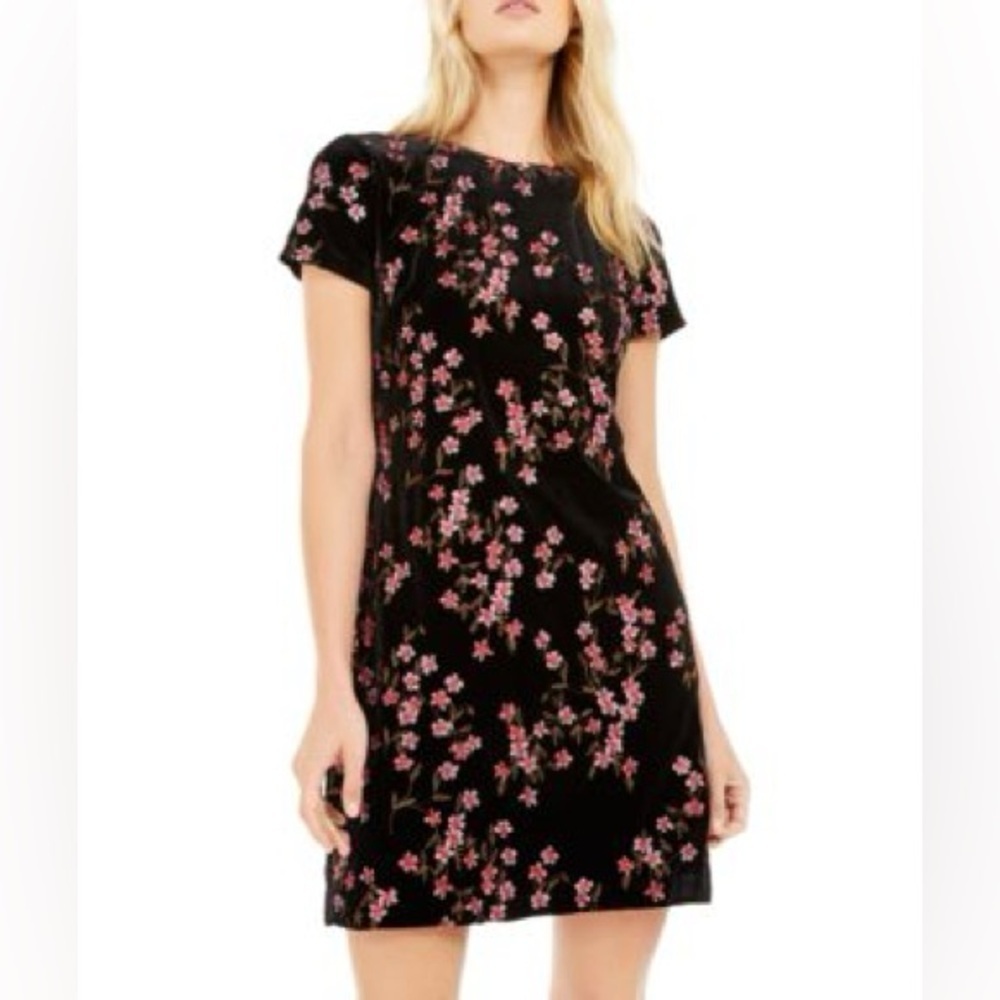 Calvin Klein Embroidered Velvet Mini Dress Size 8 Floral Black Pink Short Sleeve